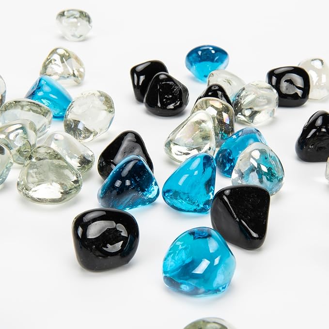 Fire Glass Diamond 1 Inch Fire Pit Glass Rocks for Propane or Gas Fire Pit 20 Pounds White/Onyx Black/Margarita Azura Blue Blend
