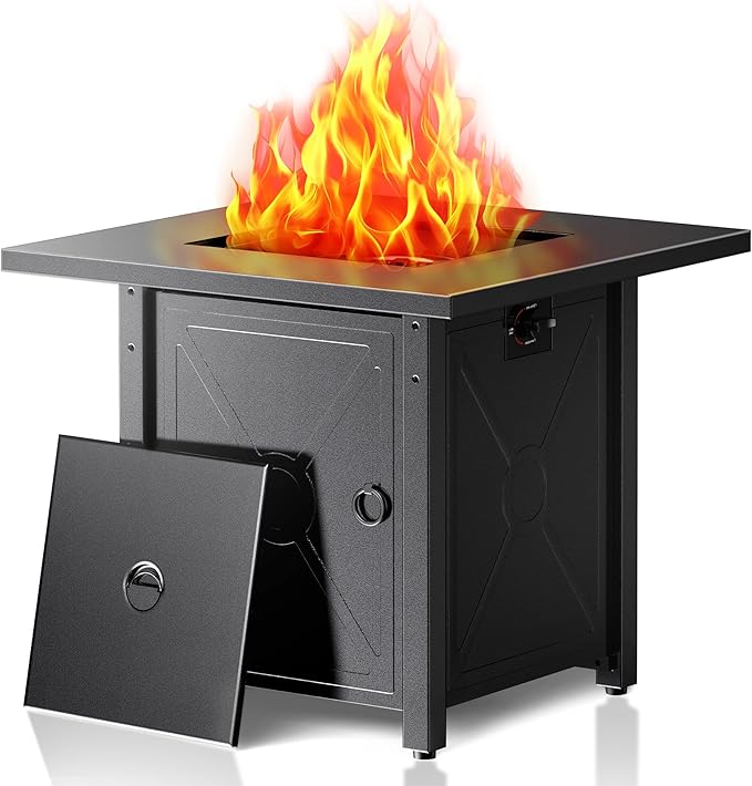 28 Inch Propane Fire Pit Table, 3-in-1 Multi-Use 50,000 BTU Square Gas Fire Pit with Lid & Lava Rock, Steel Tabletop, Adjustable Flame, for Patio, Backyard, Deck, Outdoor Gatherings