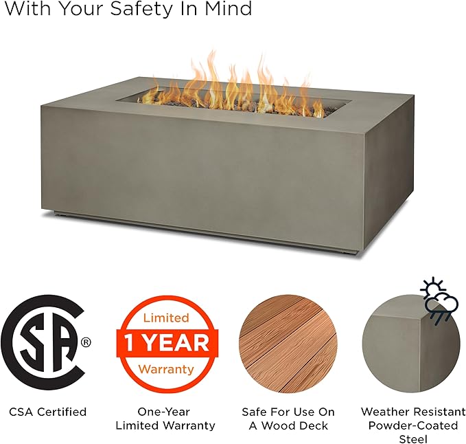 Real Flame Aegean 42in Rectangle Propane or Natural Gas Fire Pit Table, 50,000 BTU, Powder-Coated Steel, Push-Button Ignition, CSA Certified, Lava Rock, Storage Cover, Stainless Steel Burner with Lid