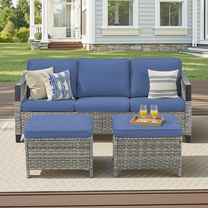 Outdoor Patio Furniture Sofa Set - 3 Pieces PE Wicker Patio Furniture Section Couch with Multifunctional Ottoman, All Weather Patio Conversation Set for Deck Balcony Garden Gray/Blue