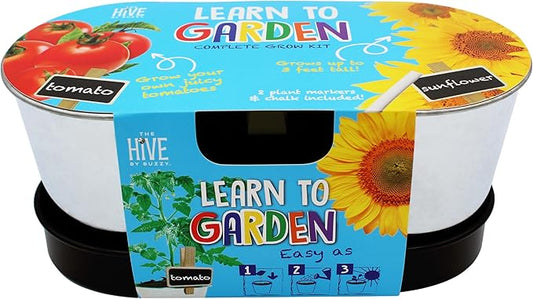 BUZZY Seeds 2-Pot Kids Gardening Kit – Grow Tomato and Sunflower Plants with Non-GMO Seeds, Planters, Growing Medium, Planter Markers and Chalk, Educational Gift for Kids, Birthday or Holiday Present