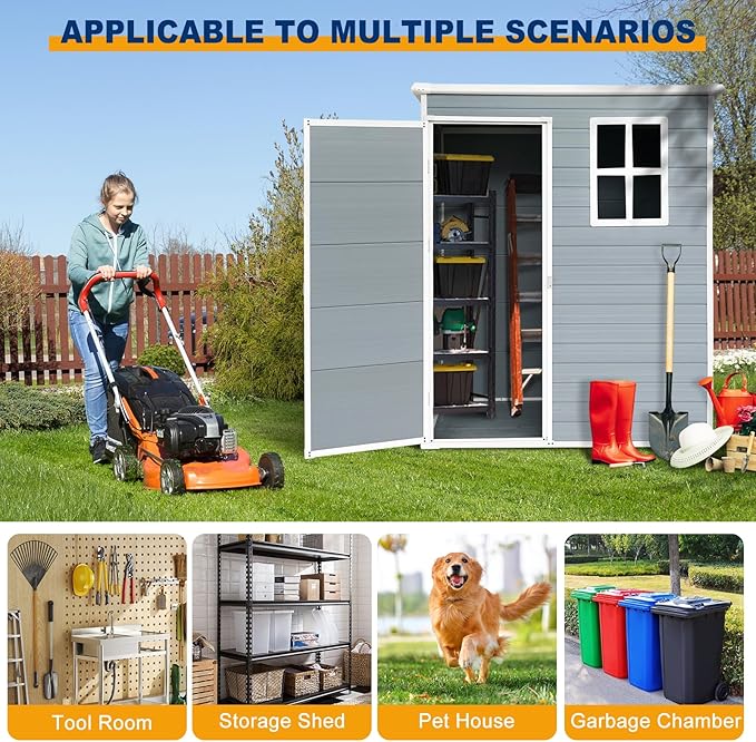 5ft x 3ft Resin Outdoor Storage Shed Plastic Garden Sheds with Floor and Lockable Door for Backyard, Lawn, Grey