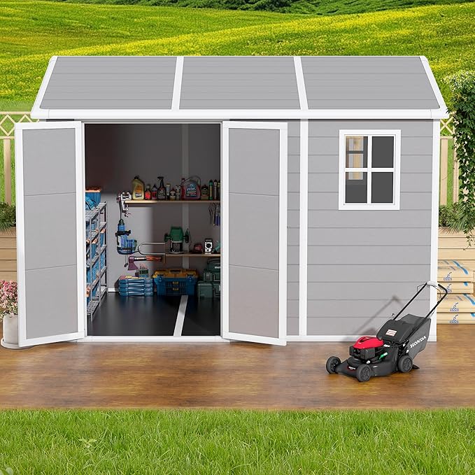 8x10 FT Resin Outdoor Storage Shed with Floor, Weather-Resistant Plastic Garden Shed with Windows, Lockable Door and Vents, Outside Tool Storage Sheds for Backyard, Garden, Lawn, Grey