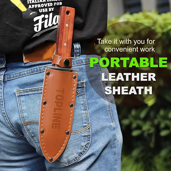 Topline Full Tang Hori Hori Garden Knife, Hori Hori Knife with Sharpening Stone, Double-Edge Stainless Steel Blade, Heavy Duty Leather Sheath Included, Garden Tools for Digging, Weeding, Planting