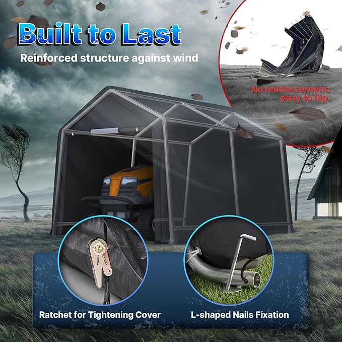 ADVANCE OUTDOOR 7x12 ft 2 Roll up Doors & Vents Outdoor Portable Storage Shelter Garage Tent Carport for Motorcycle ATV with Heavy Duty Metal Frame and Anti-UV Snow Resistant Waterproof Cover, Gray