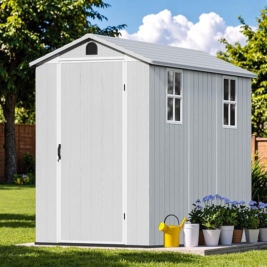 Devoko 4×8 FT Resin Outdoor Storage Shed, Garden Shed with Floor, Lockable Door and Two Windows, Waterproof Outside Plastic shed for Backyard, Bike, Tools, Lawn Mower, Light Grey