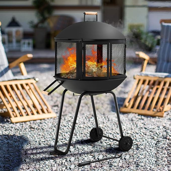 Giantex 28" Portable Fire Pit on Wheels, Outdoor Mobile Wood Burning Firepit w/Log Grate, Fire Poker, Heavy-Duty Steel Frame & Solid Metal Top, 2-Door Gate, Rolling Fire Pits for Entertaining Camping