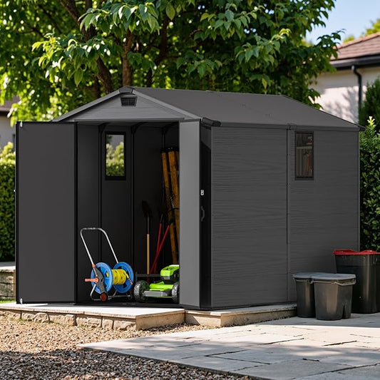 Devoko 6x10 FT Plastic Outdoor Storage Shed - Lockable Resin Tool Shed with Window & Floor - Easy Assembly for Garden, Backyard, Dark Gray