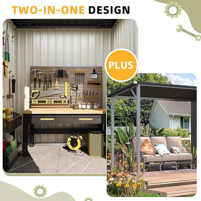 AECOJOY 14x4FT Metal Lean to Shed with Open-Sided Pergola, 4'x8' Outdoor Storage Shed & 6'x4' Attached Hardtop Gazebo Combo, 56 Sq.Ft Covered, 2-in-1 Small Sheds & Outdoor Storage for Patio, Backyard