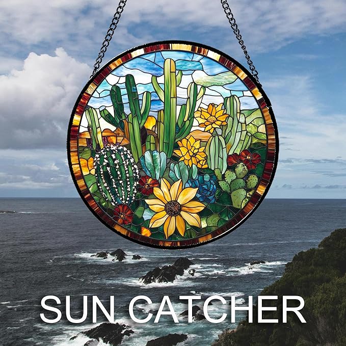 QZQCBLC Stained Glass Window Hanging Green Cactus with Yellow Flowers 6.3" - Suncatcher Door Garden Sun Catcher Home Decor Birthday Christmas for Mom Men Woman Friend Nana