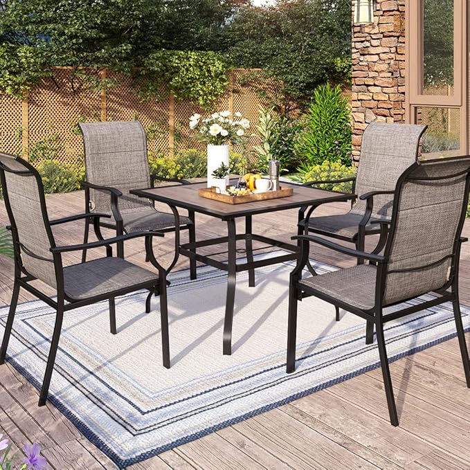 MFSTUDIO 5 Pieces Patio Dining Set, Square Wood-Like Table with 4 Padded Mesh Textilene Fabric Chairs, Outdoor Metal Furniture Set with Umbrella Hole for Garden, Poolside, Backyard, Porch