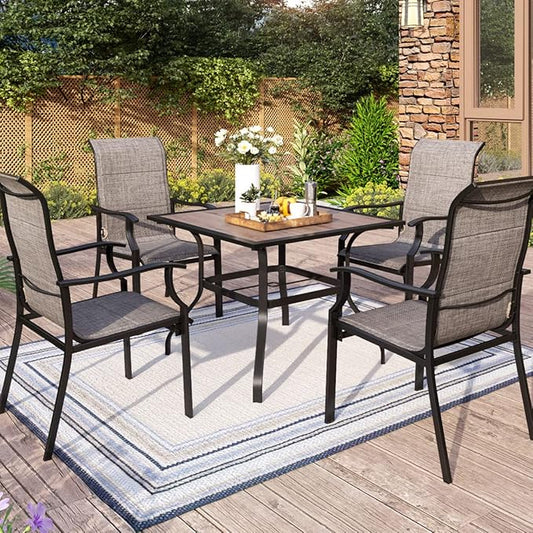 MFSTUDIO 5 Pieces Patio Dining Set, Square Wood-Like Table with 4 Padded Mesh Textilene Fabric Chairs, Outdoor Metal Furniture Set with Umbrella Hole for Garden, Poolside, Backyard, Porch