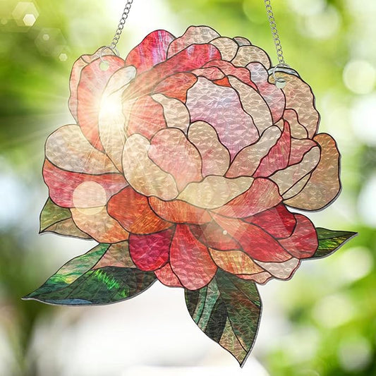 FLAGWIX Christmas Peony Flowers Gifts for Grandma - Stained Glass Window Hanging 10 in - Birthday Gifts for Women Mom, Grandma Gift, Peony Sun Catchers Indoor Window, Suncatchers Christmas Decorations
