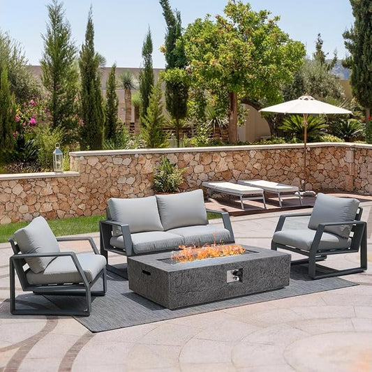 48" Outdoor Propane Fire Pit Table, Rectangle Fire Table w White Fire Glass(50,000 BTU), Patio Firepit Table Slate Gas Fire Table w Rain Cover for Outside, Backyard