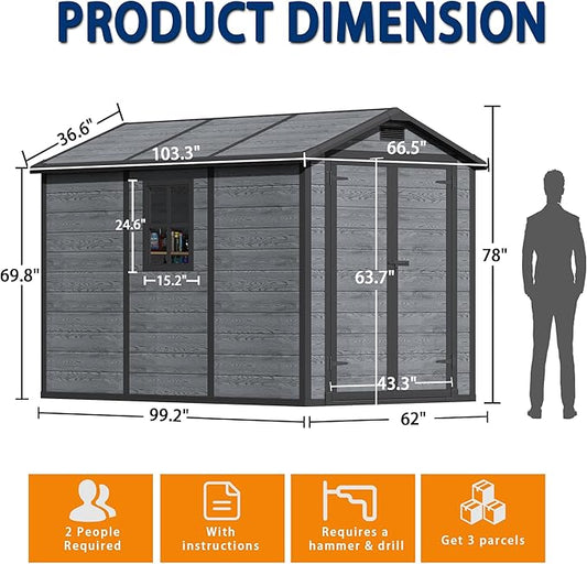 8.7x5.5 FT Resin Outdoor Storage Shed with Floor, Weather-Resistant Plastic Garden Shed with Windows, Lockable Door and Vents, Outside Tool Storage Sheds for Backyard, Garden, Lawn, Wood Grain