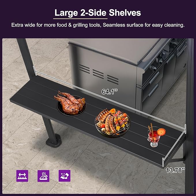 PURPLE LEAF 6.5' X 12' Hardtop Grill Gazebo for Patio Aluminum Barbeque Canopy with 24 Clear Light Bulbs and Shelves Double Tiered Grey Outdoor BBQ Gazebo