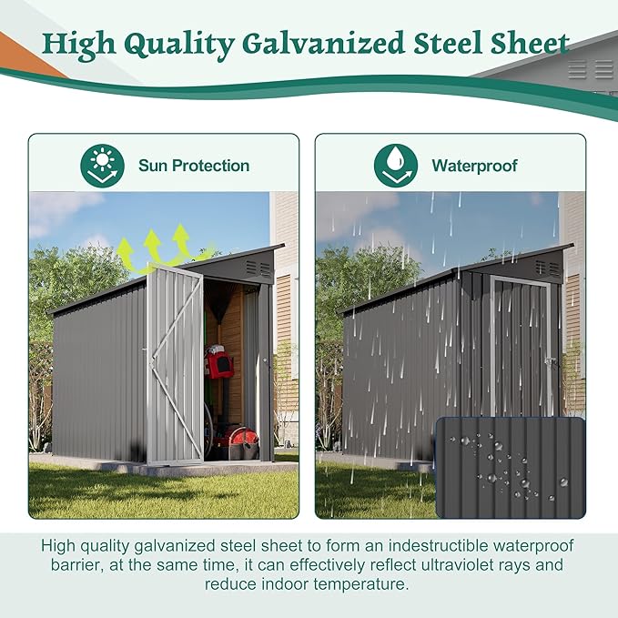 4×8 FT Lean to Metal Shed,Outdoor Heavy-Duty Storage Shed with Floor Base,All Weather Waterproof Garden Tool House W/Lockable Door&2 Air Vents,Reversible Door Design,for Backyard,Patio,Lawn,Gray