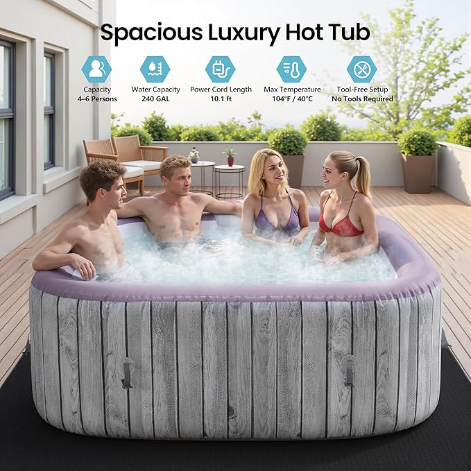 4-6 Person Inflatable Hot Tub, Portable Outdoor Spa with 130 Air Jets, Circulation Heating & Filter System, PVC Blow Up Tub for Backyard & Patio (Square)