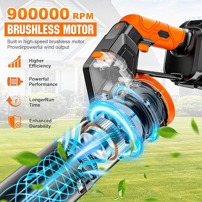 Electric Leaf Blower Cordless -850CFM, 250+MPH, 3000W Brushless Leaf Blower with 2×6.0Ah Batteries, 180° Rotatable 2-in-1 Handheld Blower, 3-Speed for Lawn Care/Yard/Car/Patio