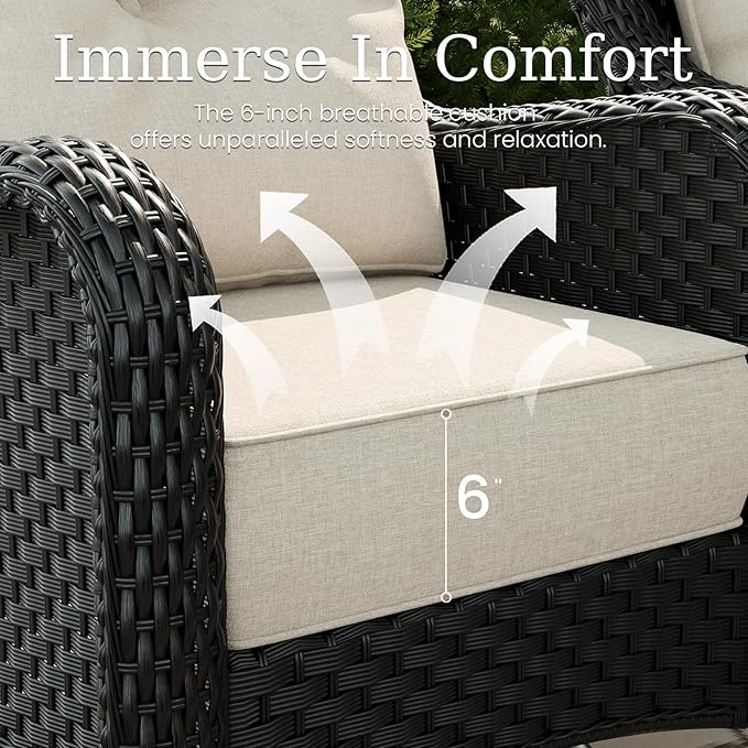 3 Piece Patio Furniture Set, All-Weather Wicker Outdoor Conversation Set with Rattan Chair and 6 Inch Thick Cushions