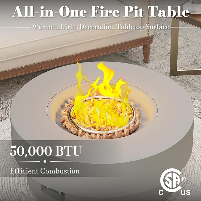 32.5 Inch Propane Fire Pit Table, 50,000 BTU Round Patio Fire Pit Table Outdoor, CSA Certified, Stainless Burner with Steel Lid, Waterproof Cover & Lava Rocks, for Backyard Garden, Gray
