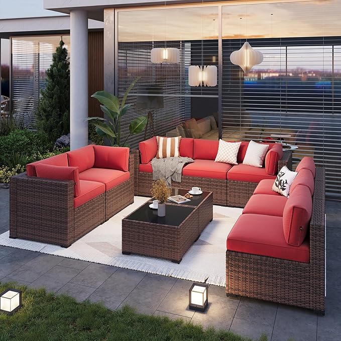 Aoxun Patio Furniture Sets, 10-Piece Outdoor Patio Furniture with Thick Cushions, Wicker Outdoor Conversation Set Sectional Sofa for Backyard, Poolside, Garden