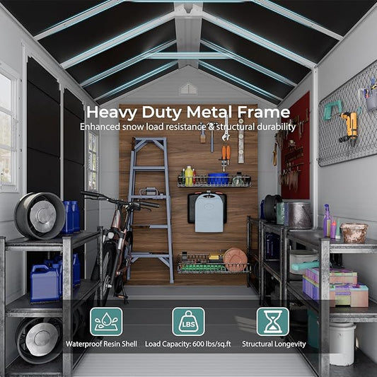 8x6x7 FT Resin Storage Shed, Waterproof Outdoor Storage Shed w/Floor, 2 Adjustable Openable Windows, Double Lockable Doors & Vents, Tool Shed for Patio Garden, Lawn, Backyard, Gray