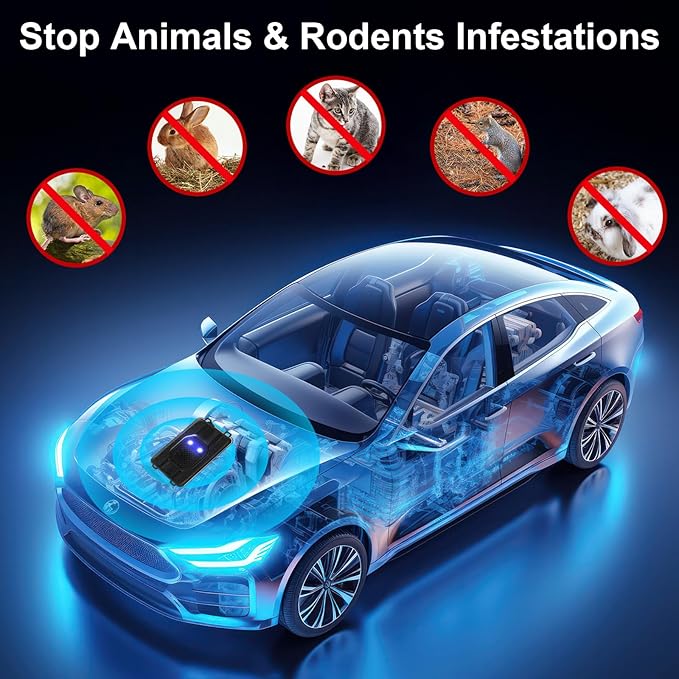 Qualirey 6 Pcs Ultrasonic Rodent Repellent for Car Engines Car Rodent Repeller Under Hood Battery Operated Rat Repellent with Strobe Light Keep Pest Squirrels Mice out of Garage RV Outdoor