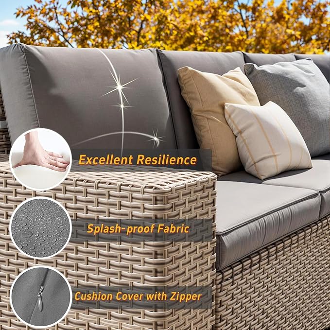 12 Pieces Patio Furniture Set, Outdoor Sectional Wicker Sofa with Thickened Cushions and Coffee Table, High Back Rattan Patio Conversation Sets for Garden Backyard, Grey