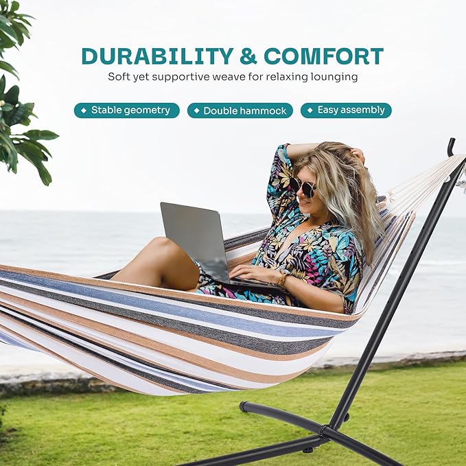 NEWBULIG Double Hammock with Stand, Heavy Duty Portable Hammocks for Outdoor Indoor Patio Camping, Space Saving Design & Carry Bag, Easy Assembly, 450lb Weight Capacity, Coffee