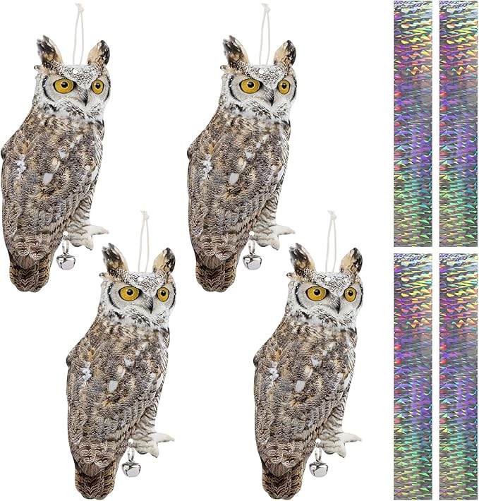 4PCS Reflective Owl Scarer Devices Plastic Owl Hanging Decoration Woodpecker Control Device with Reflective Tape for Garden Patio Pool