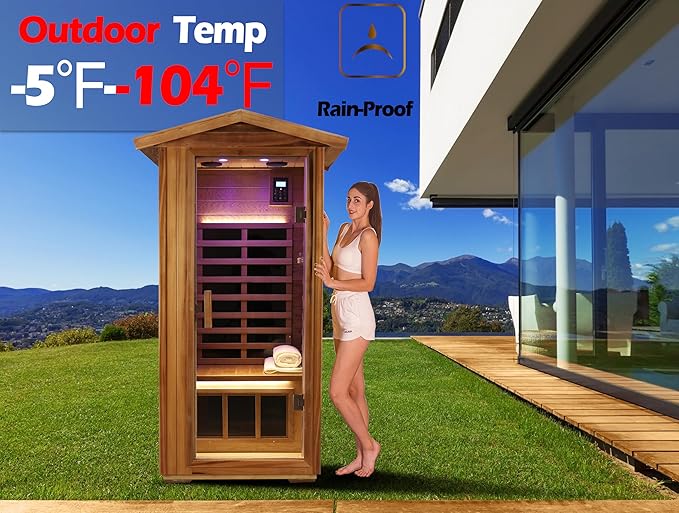LTCCDSS Outdoor Red Cedar Sauna 1 Person, Low EMF Far Infrared Sauna for Home, Withstand Outdoor Temp -10℉-149℉| EMF Readings Below 0.5mG, 9 Low EMF Boards-Chromotherapy-Bluetooth Speaker