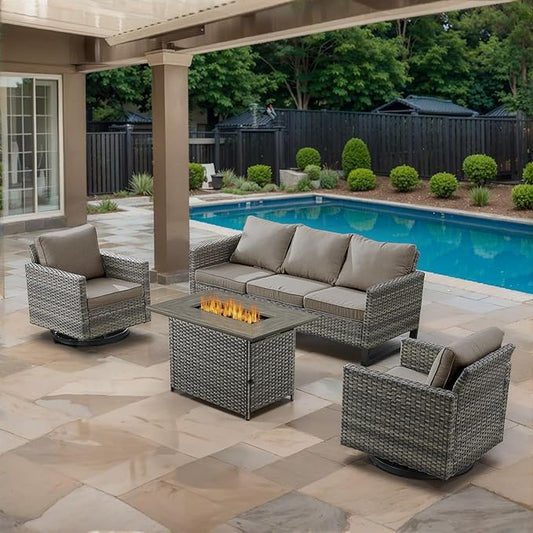 4 Piece Wicker Patio Furniture with Fire Pit Table - Outdoor Conversation Set with 50,000 BTU Fire Pit, All Weather Rattan Patio Set for Deck Backyard Garden - Grey Wicker Grey Cushion