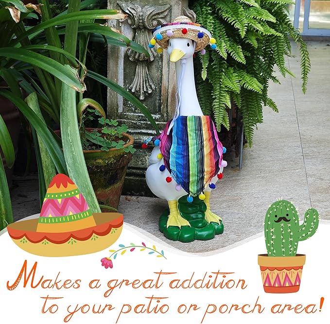 Porch Goose Statues + Porch Goose Outfits, 20" Large Durable Resin Goose Statue Decor with Fun Porch Goose Clothes, Mexican Sombrero Scarf Decorations Diy Indoor Outdoor Garden Patio Yard Lawn Gifts