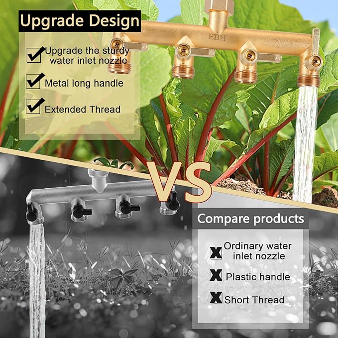 EBH Brass Garden Hose Splitter, 4-Way Heavy Duty Hose Splitter, Outdoor Faucet Manifold, with Extended Metal Handle and Individual On/Off Valve Spout, 3/4” GHT Threads