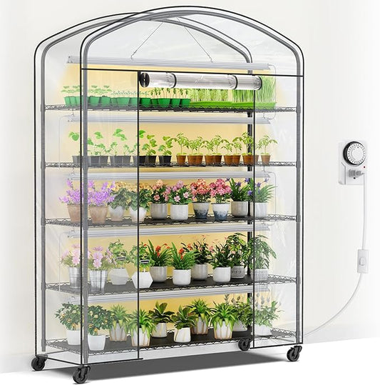 Abimars 5-Tier Greenhouse with Grow Light, Shelf Height Adjustable Metal Plant Shelf with PVC Cover and Wheels, Includes 5-Pack 2900K Full Spectrum Plant Lights, 21x60x80inch
