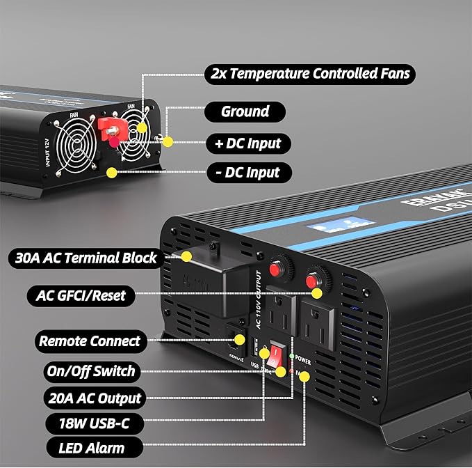 Erayak 3000W/6000W Pure Sine Wave Inverter 12V DC to 110V 120V AC Converter for Home, RV, Truck, Off-Grid Solar Power Inverter with 18W USB-C, AC Hardwire Port, 6m Remote Controller