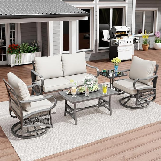 5 Piece Patio Furniture Set, Outdoor All Weather Conversation Sofa Set with 2 Swivel Chairs, Rope Braided Design and Thick Cushions for Garden, Porch, Lawn, Beige