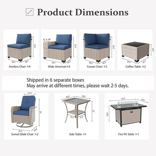 16 Pieces Patio Furniture Set with Fire Pit Table, Outdoor Sectional Wicker Sofa with Thick Cushions, High Back Swivel Rocker Patio Chairs, Rattan Conversation Set with Coffee Table, Navy
