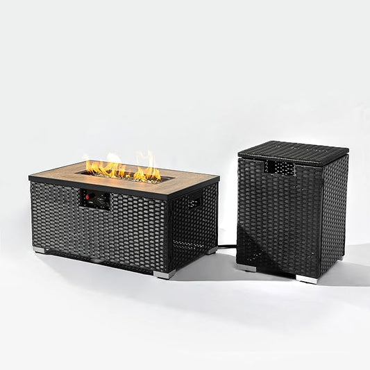 32in Gas Fire Pit Table Set, 50,000 BTU Propane Fire Pit Table Outdoor with Rain Cover, Hideaway Tank Holder Fits 20lb Tank, Gas Fire Pit for Outside w/Ceramic Tabletop and lid, Glass Rocks.