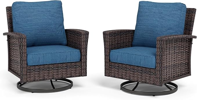 Swivel Patio Wicker Chairs Set of 2, Outdoor Swivel Patio Rattan Chairs with High Back and 5.5" Thick Cushions for Bistro Balcony Porch Deck and Yard, Peacock Blue
