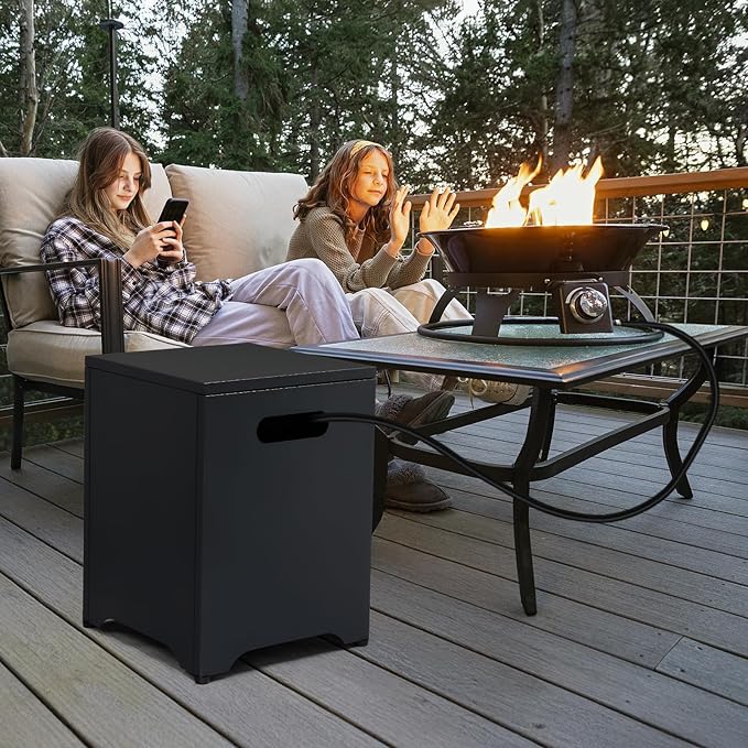 Outvita Outdoor Propane Tank Cover Table, 16in Propane Tank Storage Box with Carry Handle, Powder-Coated Steel, Multi - Use as Side Table for Patio, Garden & Living Room, 16 * 16 * 21inch, Black