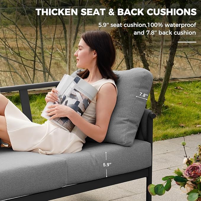 Grand patio 5-Piece Outdoor Furniture Set, Outdoor Sofa Set with 2 Round Side Tables, Modern Metal Patio Couch with Thick Waterproof Cushions for Porch Deck Backyard, Dark Grey