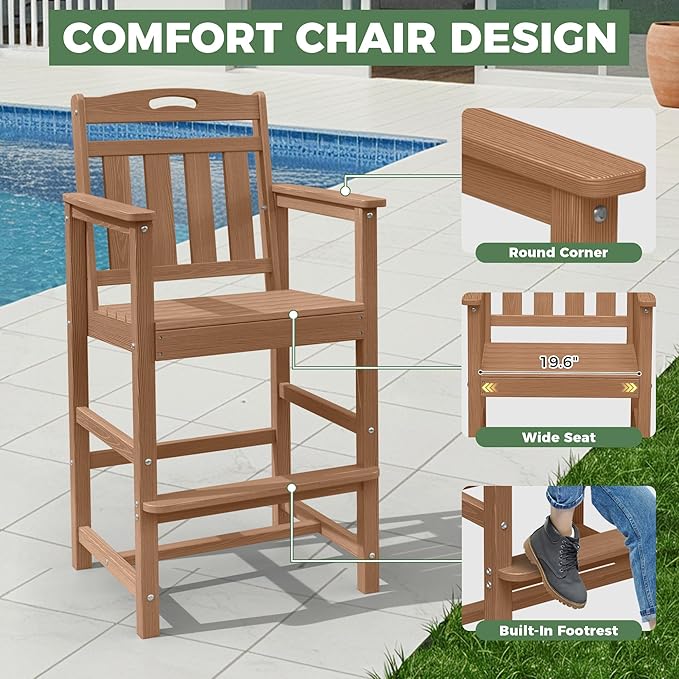 HDPE Outdoor Patio Tall Bar Chair, All-Weather Bar Height Balcony Adirondack Stools for Bistro, Garden, Backyard, Deck | Teak