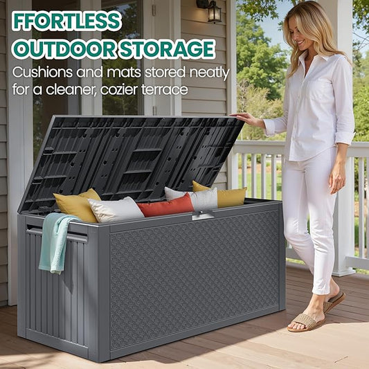 90 Gallon Outdoor Deck Box, Waterproof Outdoor Deck Box, Durable Resin Bin for Patio Cushions, Garden Tools and Pool Accessories, Lockable with UV Protection, Dark Gray, Patio Furniture