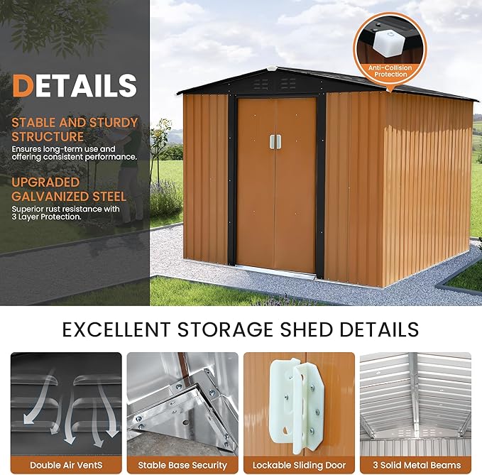 8x6 FT Outdoor Storage Shed Tool Shed Garden Shed with Lockable Door and Sloping Roof, Durable Metal Storage Shed for Backyard, Outside, Patio, Coffee