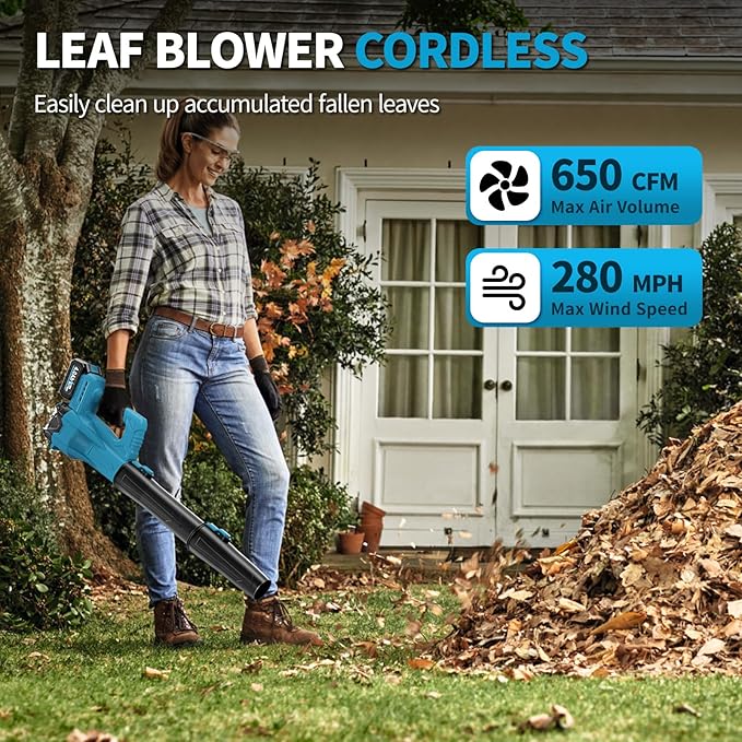 FULLYEA Leaf Blower Cordless, 21V Powerful Leaf Blower with 2 x 4.0Ah Battery & Fast Charger, Lightweight Electric Leaf Blowers for Lawn Care, Yard, Patio Cleaning, Blowing Leaves & Dust (Blue)