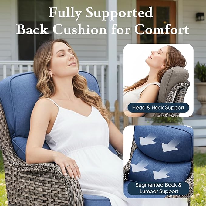 Belord Luxury 6" Thick Cushioned 11 Pieces Patio Furniture Set with Outdoor Couch, Wicker Outdoor Conversation Set with High Back Swivel Rocker Chairs for Deck Porch Yard and Poolside - Grey+Blue
