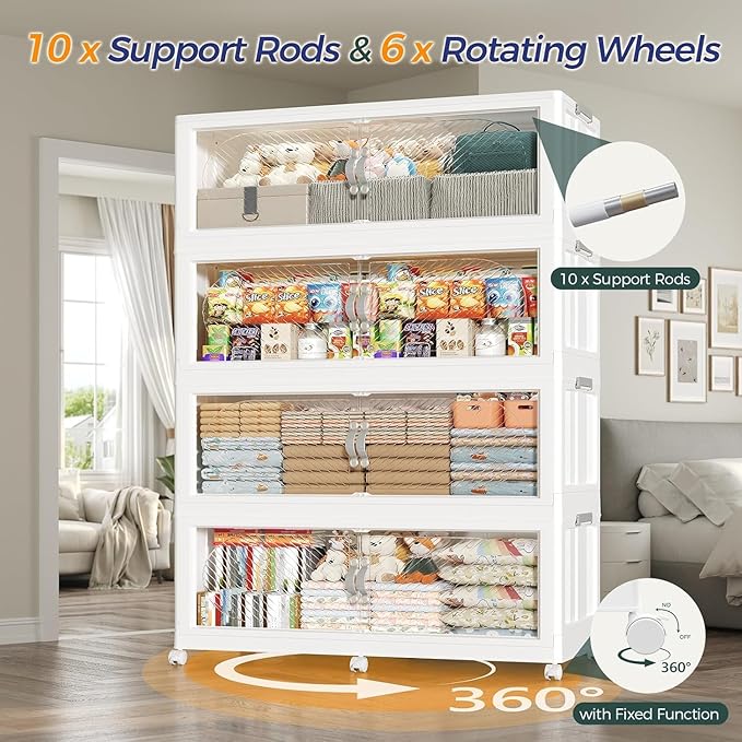 960QT Plastic Stackable Storage Bins with Lid, 240GAL Extra Large Collapsible Box with Wheels Clear Door, Foldable Closet Organizer Container Cabinet Drawer for Home Kitchen，4Pack, White