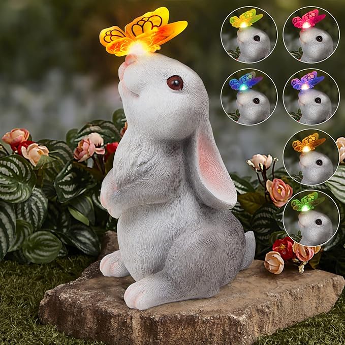 PaLuQiYa Garden Statue Outdoor Decor-Rabbit with Solar Butterfly Changing Lights Garden Statues,Bunny Statue for Patio,Balcony,Yard,Lawn Ornament,Gardening Gifts for Mom Grandma